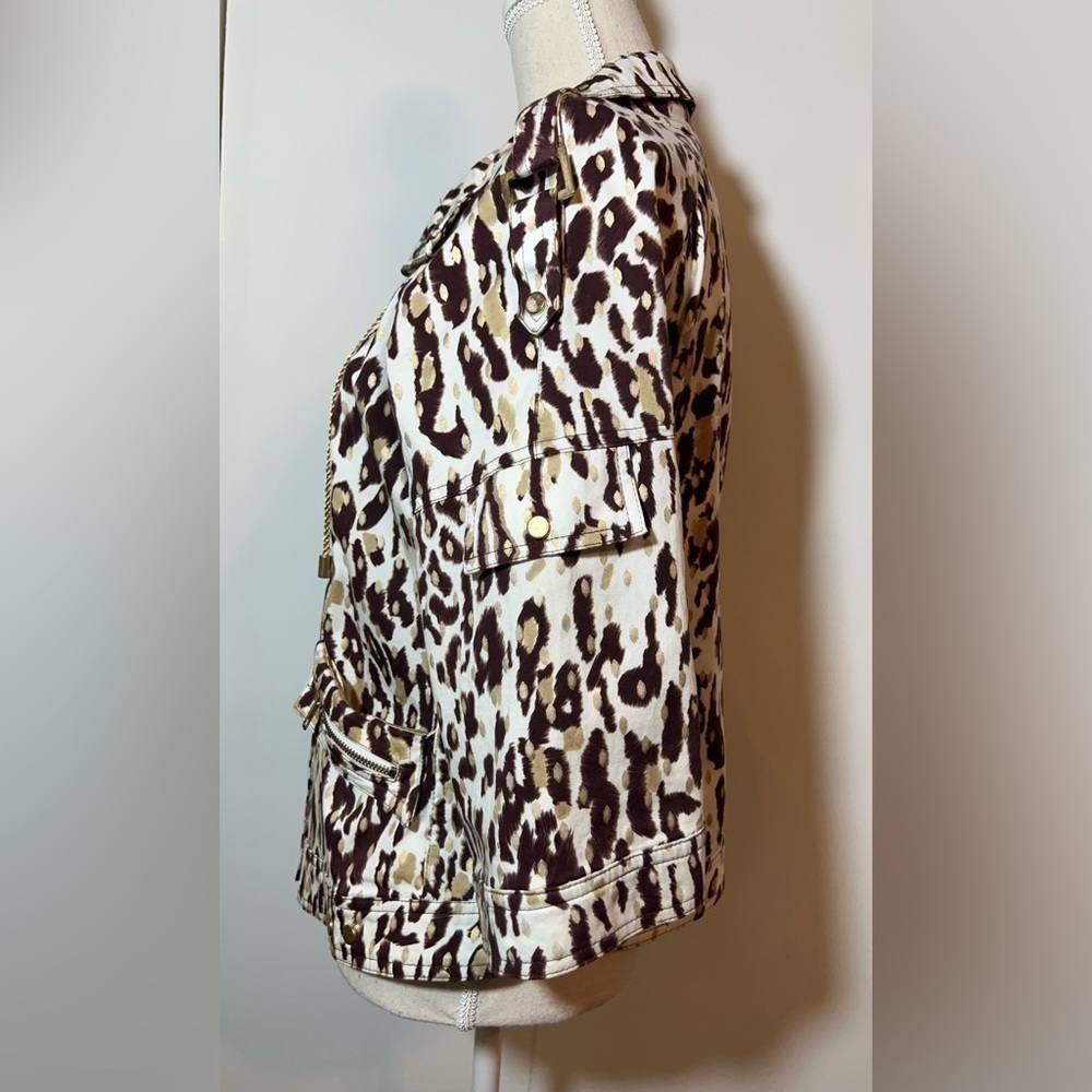 Just B Leopard Print Crop Jacket Women’s Size M Gold Metallic Accents 3/4 Sleeve - Picture 4 of 9